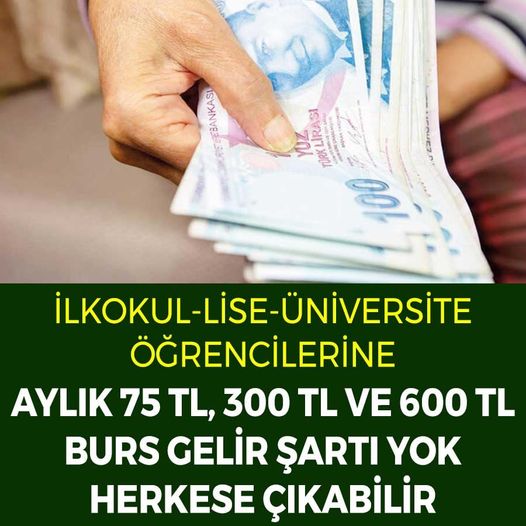 ilkokul ortaokul lise ogrencilerine aylik 75 300 ve 600 tl lik burs gelir sarti yok