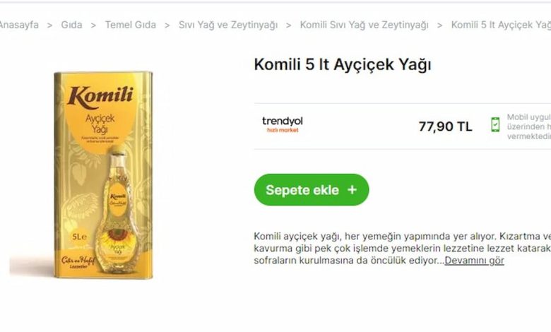 Dövizin düşmesi ile beraber Komili 5 litre Ayçiçek yağı 77,90 TL’ye düştü! İşte  o market