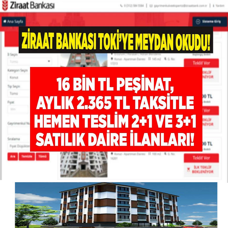 Ziraat Bankası 16 bin TL peşinat aylık 2.365 TL taksitle hemen teslim satılık konut satış ilanları