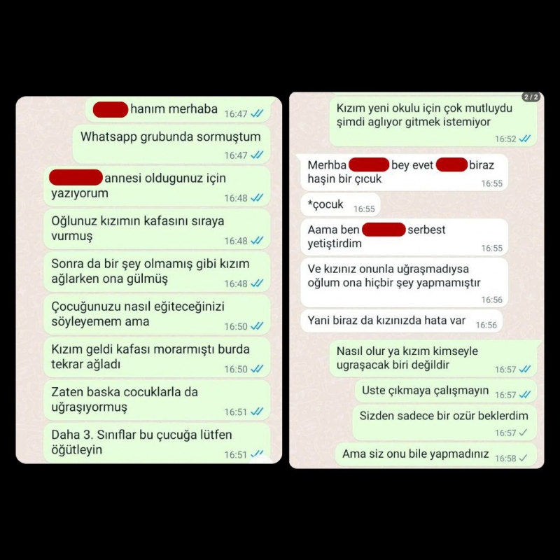 Bir babanın, ilkokula giden kızına zorbalık yapan çocuğun velisiyle yaptığı konuşma: