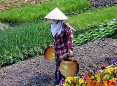 Çin'de bir adam, her gün boynuna dayadığı kalın sopanın iki ucuna astığı testilerle dereden su taşırmış evine.