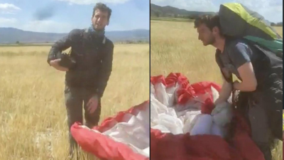 Kanadalı paraşütçü Türkiye'de ekili tarlaya indi, çiftçinin sözleri gülmekten kırdı geçirdi