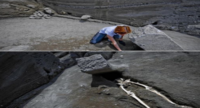 Pompeii’de, MS 79 yılında gerçekleşen volkanik patlamadan kaçmaya çalışırken kafasına 300 kiloluk taş düşen bir adamın iskeleti bulundu.